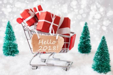 Noel hediyeleri ve kar, metin Merhaba 2018 ile trolly