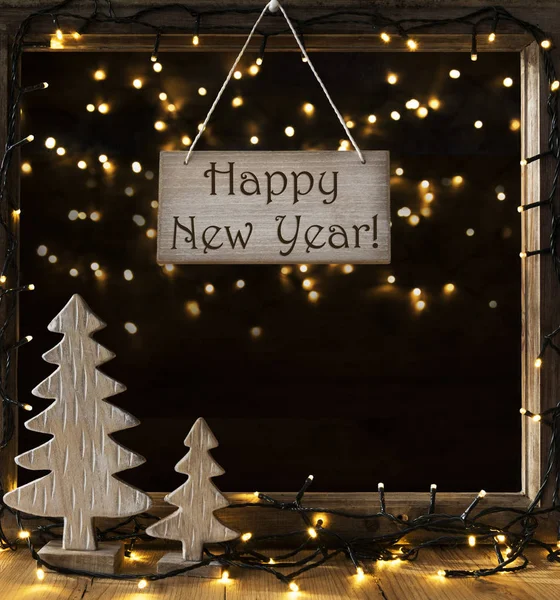 Pencere, gecede, metin mutlu yeni yıl ışık — Stok fotoğraf