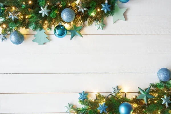 Turkuaz Noel afiş, çerçeve, çam dalları, kopyalama alanı, Bokeh