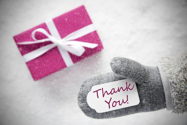 Pink Gift, Glove, Text Thank You, Snowflakes — Stock Photo, Image