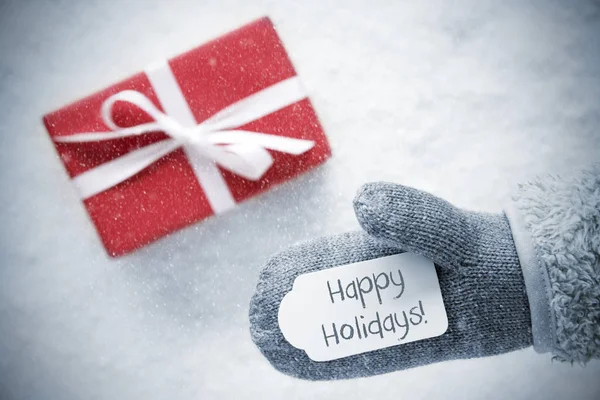 Tekst czerwony prezent, rękawice, Wesołych Świąt, płatki śniegu — Zdjęcie stockowe
