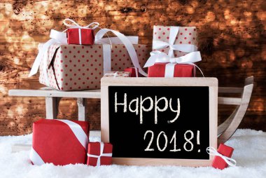 Hediyeler, kar, Bokeh, metin mutlu ile 2018 atlı kızak