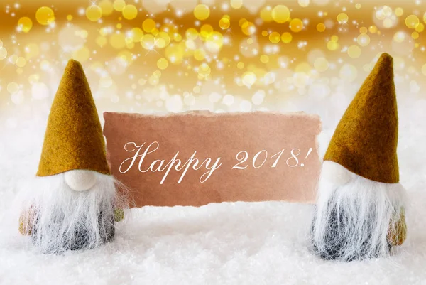 Goldene Edelzwerge mit Karte, Text happy 2018 — Stockfoto