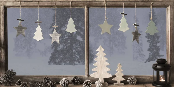 Pencere, gri kış manzarası, Noel ağacı