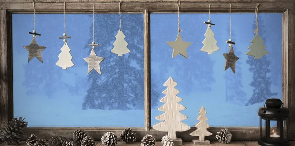 Pencere, kış manzarası, Noel ağacı