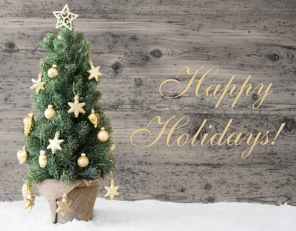 Golden dekorerad julgran, Text Happy Holidays — Stockfoto