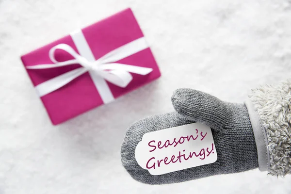 Rosafarbenes Geschenk, Handschuh, Textgrüße der Jahreszeiten — Stockfoto