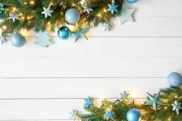 Bannière de Noël turquoise, cadre, branches de sapin — Photo