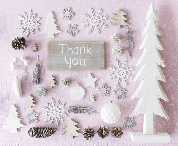 Karácsonyi dekoráció, lakás feküdt, szöveg Köszönöm, hópelyhek — Stock Fotó