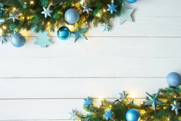 Tyrkysové vánoční Banner, rám, Bokeh, větve jedle, kopírovat prostor — Stock fotografie