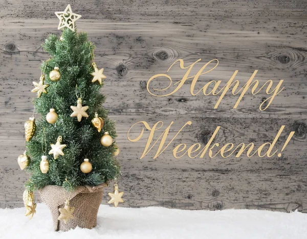 Golden díszített karácsonyfa, szöveg boldog hétvége — Stock Fotó