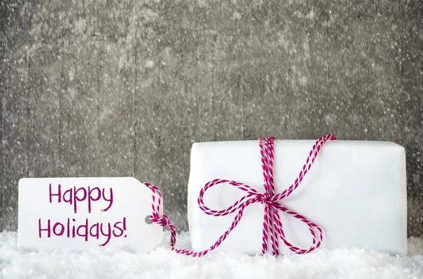 Vit snö, Text Happy Holidays, etikett, gåva, snöflingor — Stockfoto