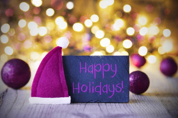 Tallrik, Santa hatt, lampor, Text Happy Holidays — Stockfoto