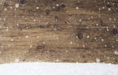 Rustik ahşap doku, kar taneleri, kopya alanı, kar ile arka plan