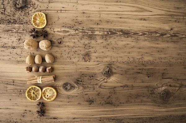 Food Flat Lay, Fruits And Nuts, Copy Space, Aged Background — Stock Photo, Image