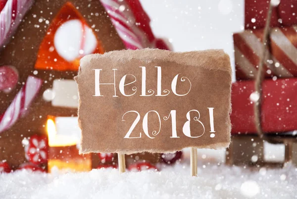 Gingerbread House ile kızak, kar taneleri, metin Merhaba 2018