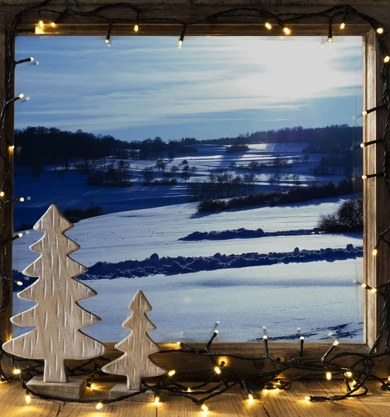 Window, Winter Landscape, Fairy Lights — Stock Photo, Image