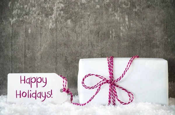 Vit snö, etikett, gåva, Text Happy Holidays — Stockfoto