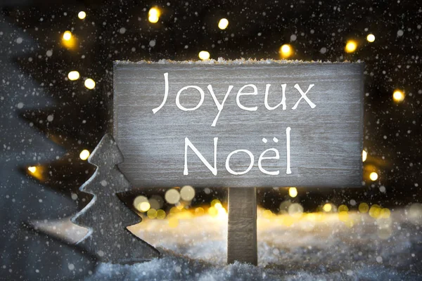 Vitt träd, Joyeux Noel betyder god jul, snöflingor — Stockfoto