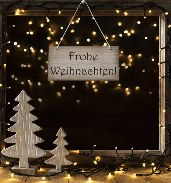 Finestra, Luci nella notte, Frohe Weihnachten significa Buon Natale — Foto Stock