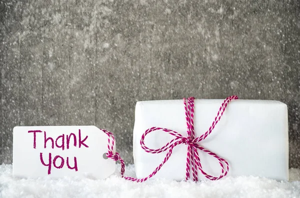 Fehér ajándék, a hó, a címke, a szöveg Köszönöm, hópelyhek — Stock Fotó