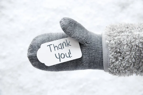 Vlněné rukavice, Label, sníh, Text Děkuji — Stock fotografie