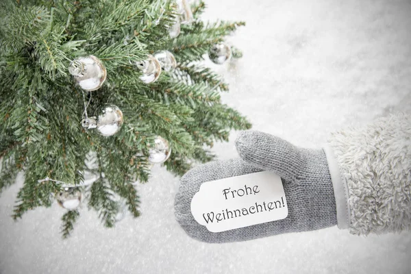 Julgran, handske, Frohe Weihnachten betyder god jul, snöflingor — Stockfoto