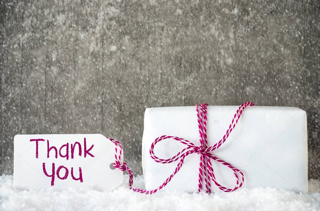 White Gift, Snow, Label, Text Thank You, Snowflakes