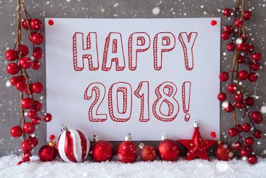 Etiket, kar taneleri, Noel topları, metin mutlu 2018