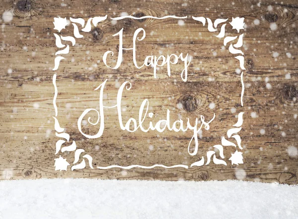 Fehér kalligráfia boldog ünnepek, idősebb háttér, hó, hópelyhek — Stock Fotó