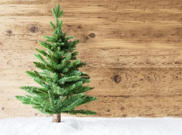 Albero di Natale, Neve, Copia spazio, Sfondo in legno — Foto Stock