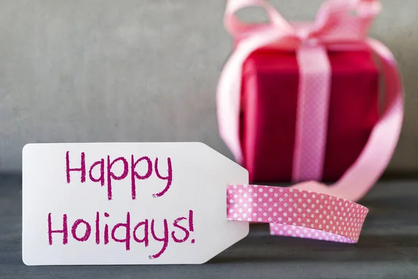 Rosa gåva, etikett, Text Happy Holidays — Stockfoto