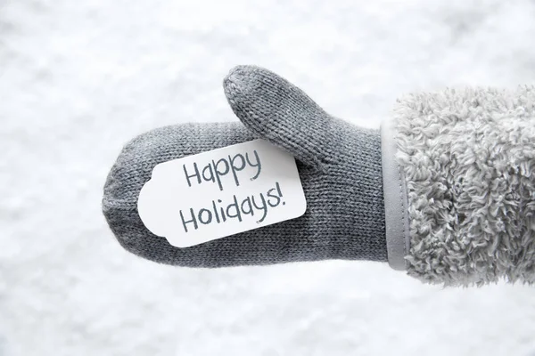 Ull-handske, etikett, snö, Text Happy Holidays — Stockfoto
