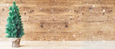 Noel ağacı, ahşap arka plan, kopya alanı, kar taneleri