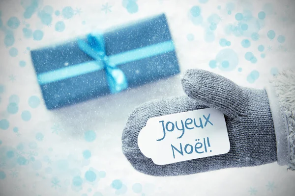 Turquoise Gift, Glove, Joyeux Noel Means Merry Christmas, Snowflakes — Stock Photo, Image