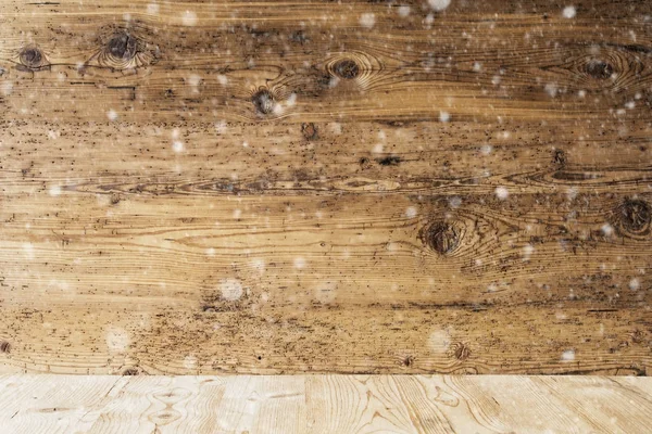 Rustik ahşap dokulu arka plan kopya alanı ile kar taneleri, ve