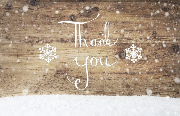 Calligraphie Merci, Fond en bois, Neige, Flocons de neige — Photo