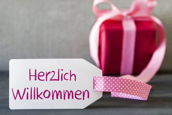 Pink Gift, Label, Herzlich Willkommen Means Welcome — 스톡 사진