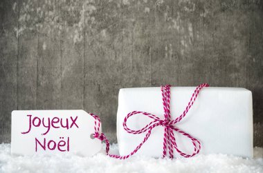 Beyaz hediye, kar, etiket, Joyeux Noel mutlu Noeller anlamına gelir.