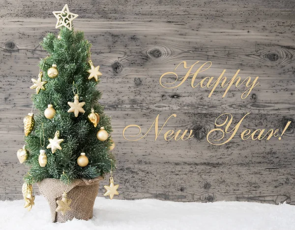 Χρυσή διακόσμηση χριστουγεννιάτικο δέντρο, ευτυχισμένο το νέο έτος κείμενο — Φωτογραφία Αρχείου