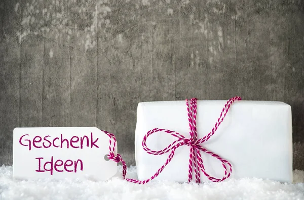 Regalo blanco, Nieve, Etiqueta, Geschenk Ideen significa idea de regalo —  Fotos de Stock
