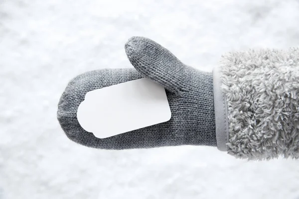 Wełniane rękawice, etykieta, śnieg, kopiować miejsca — Zdjęcie stockowe