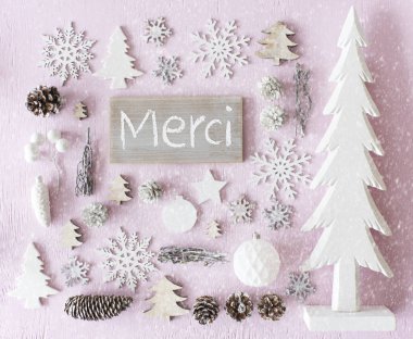 Noel dekorasyon, düz Lay, Merci demektir teşekkür ederim, kar taneleri