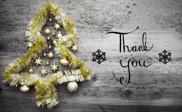 Talmi, karácsonyfa, fekete kalligráfia, köszönöm — Stock Fotó