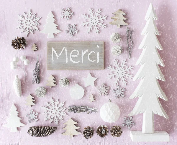 Weihnachtsdekoration, flache Lage, merci bedeutet Danke, Schneeflocken — Stockfoto