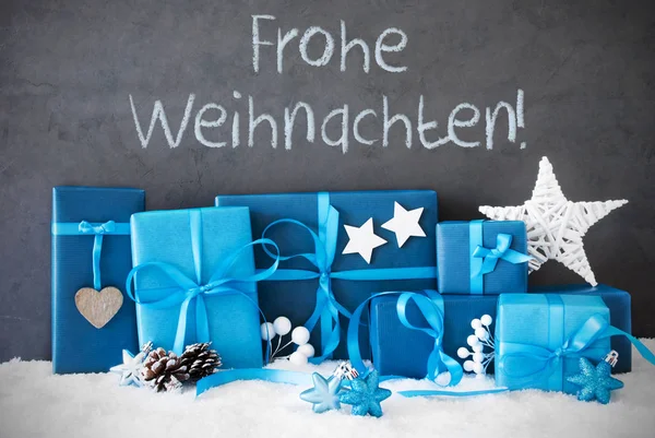 Regalos de Navidad, Nieve, Frohe Weihnachten significa Feliz Navidad —  Fotos de Stock