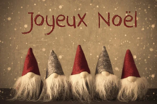 Tomtar, snöflingor, Joyeux Noel betyder god jul — Stockfoto