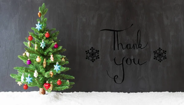 Színes karácsonyfa, hó, kalligráfia, köszönöm — Stock Fotó