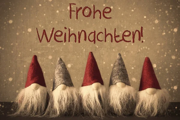 Gnomes, Snowflakes, Frohe Weihnachten Means Merry Christmas — Stock Photo, Image