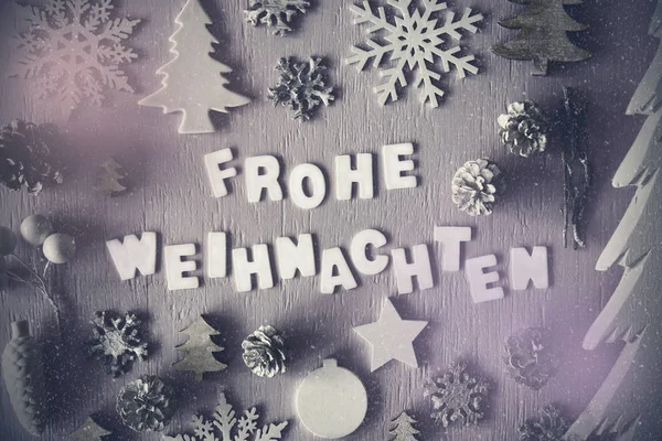 Blurry Flat Lay, Frohe Weihnachten Means Merry Christmas, Snowflakes — Stock Photo, Image